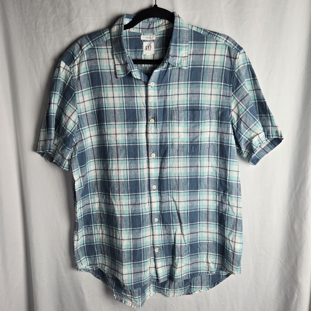 Gap Standard Fit Plaid Shirt Mens XL Short Sleeve Linen Preppy Coastal Club Blue